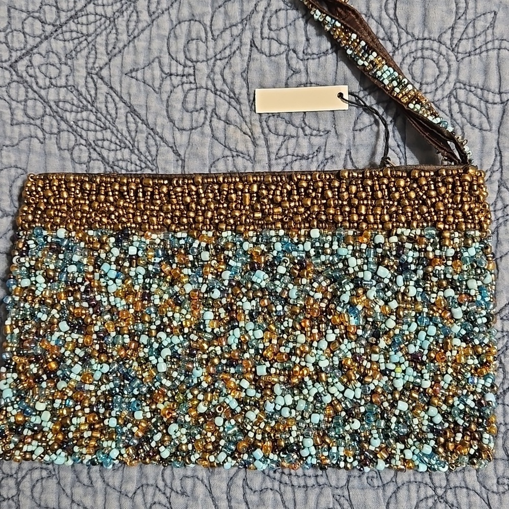 About Color Copper and Turquoise Beaded Clutch 8 X 4.5 Inches NWT - Picture 2 of 6